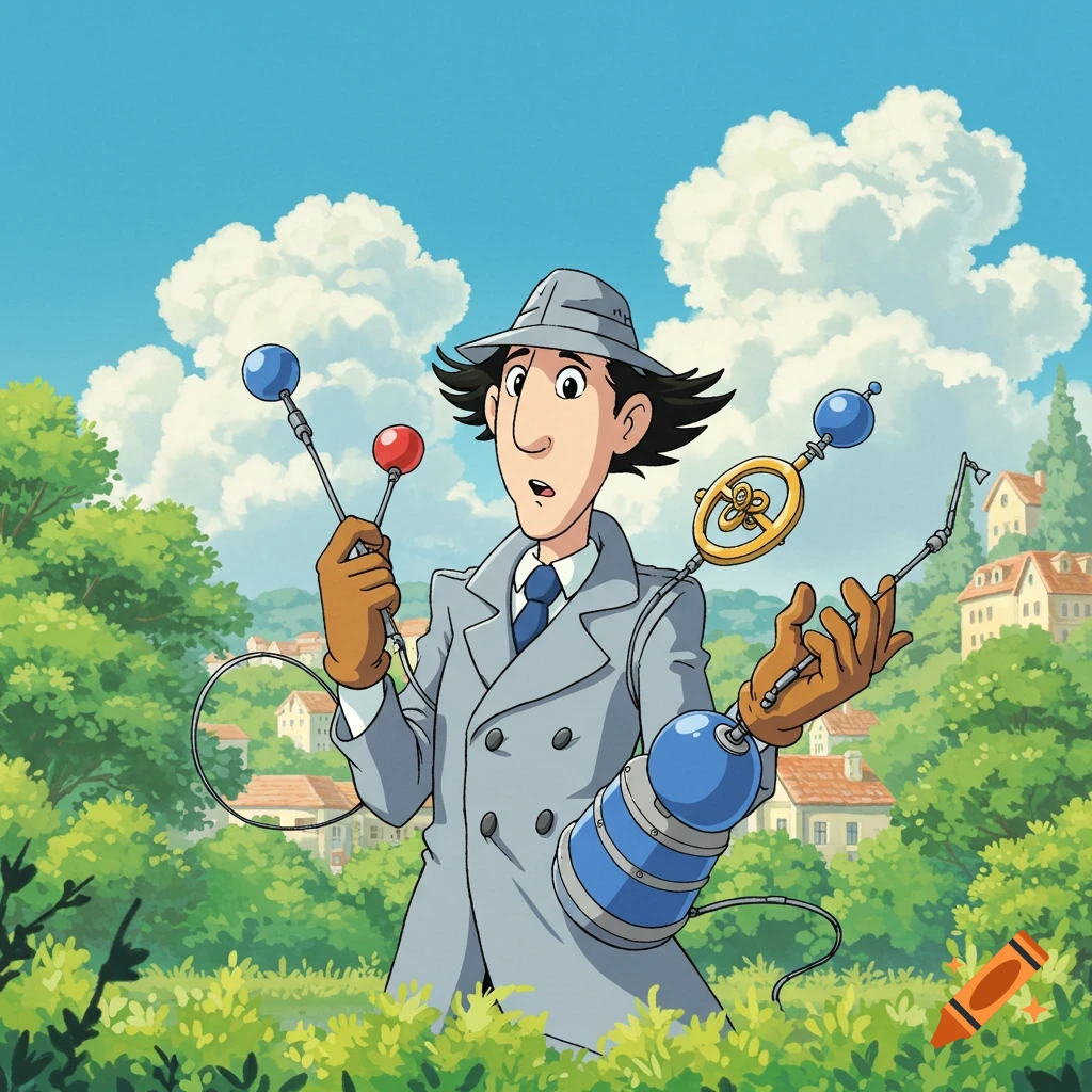 Inspector Gadget holding gadgets in a scenic Studio Ghibli landscape.