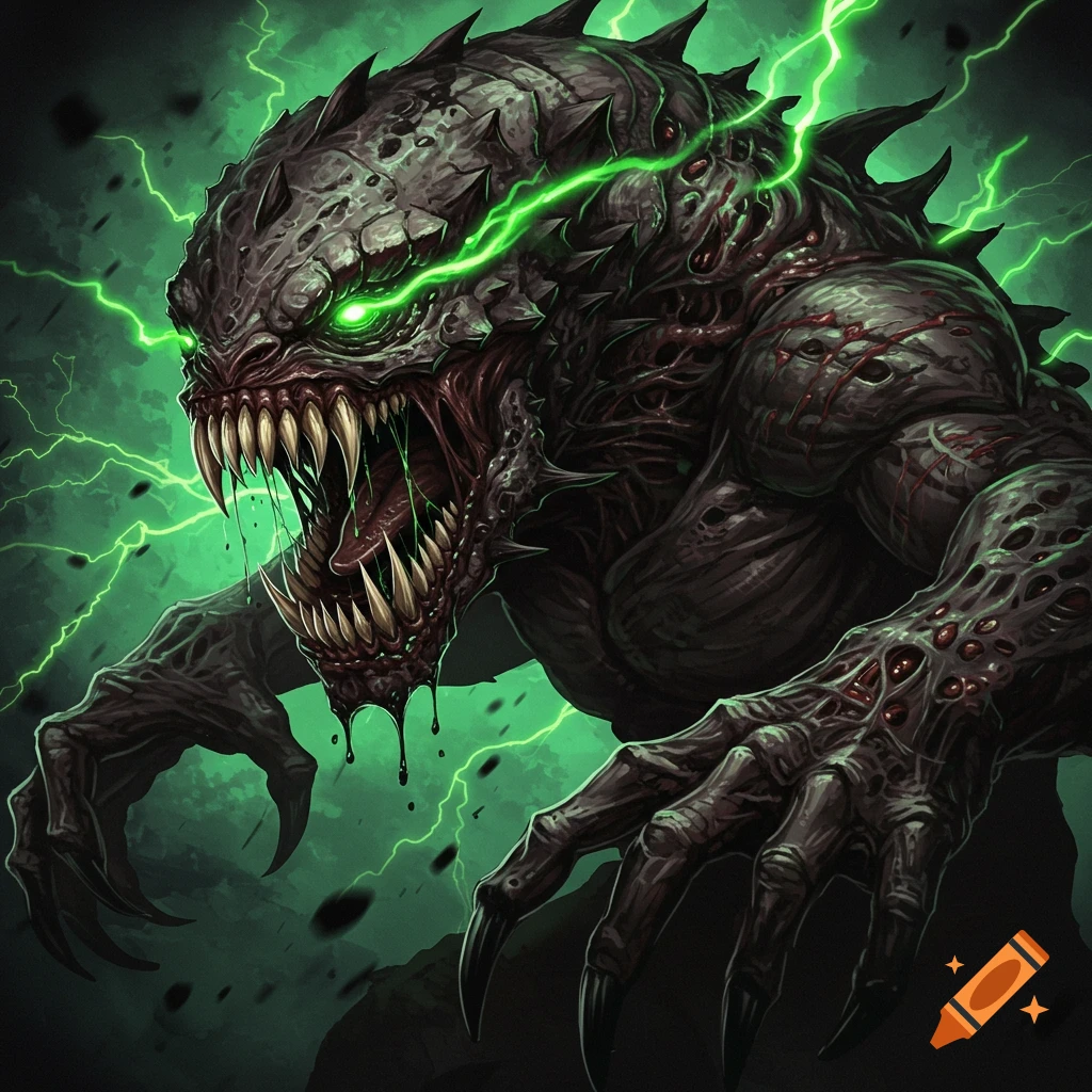A dark, monstrous creature with sharp teeth, claws, and glowing green eyes amidst green lightning.