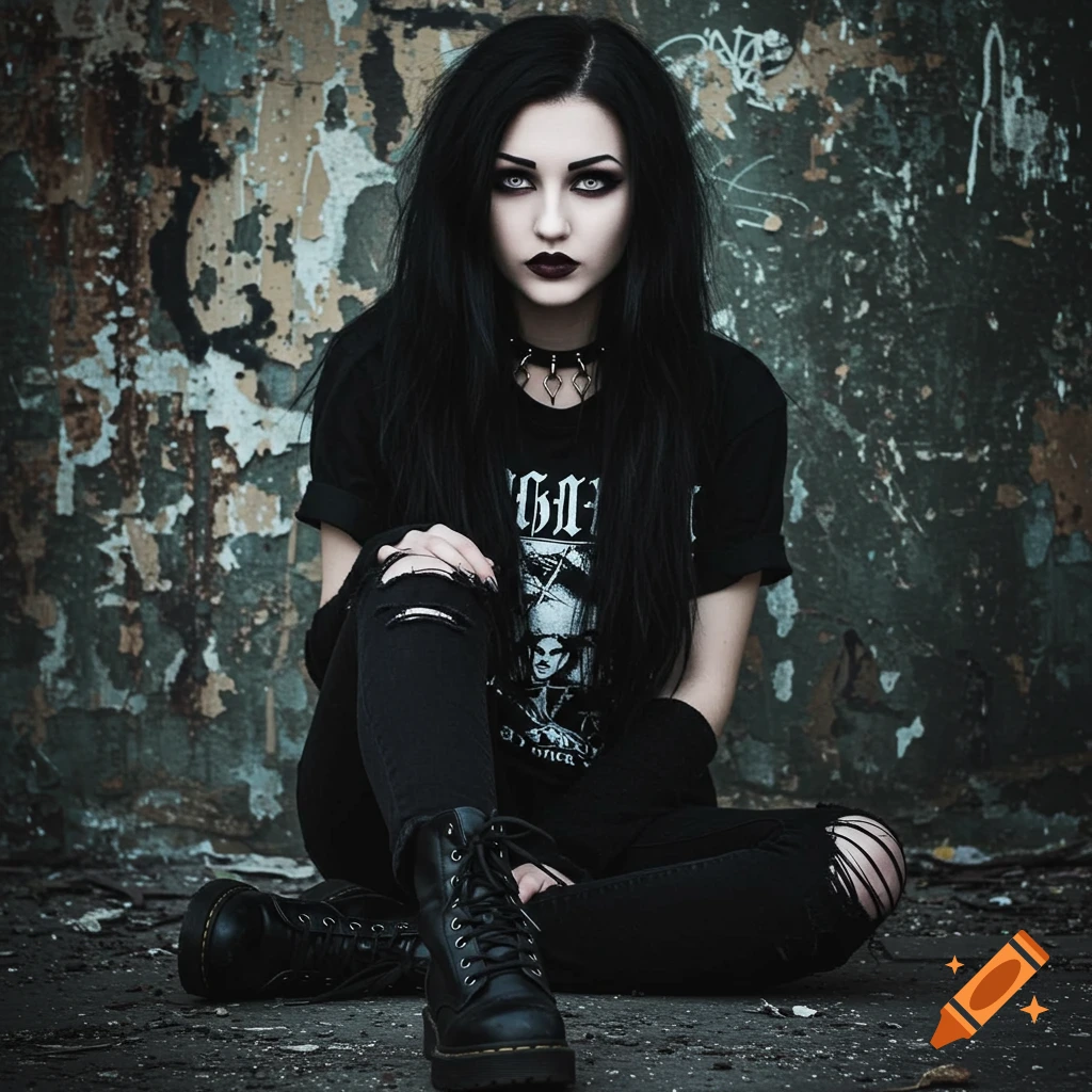 A young woman in gothic/emo clothing sits on the ground against a dirty wall. Photorealistic style.