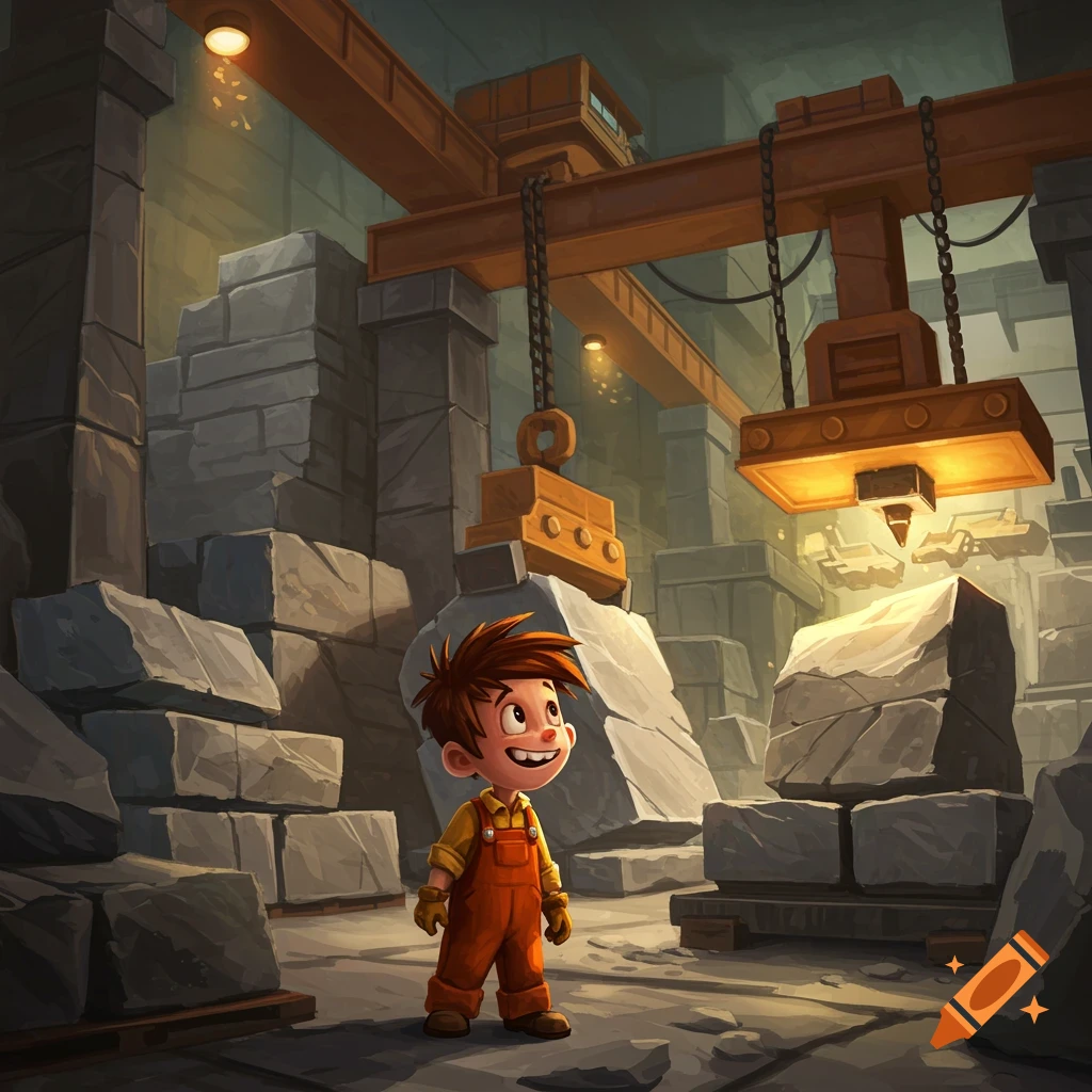 A smiling cartoon boy in orange overalls stands in a stone factory with large blocks and a crane.