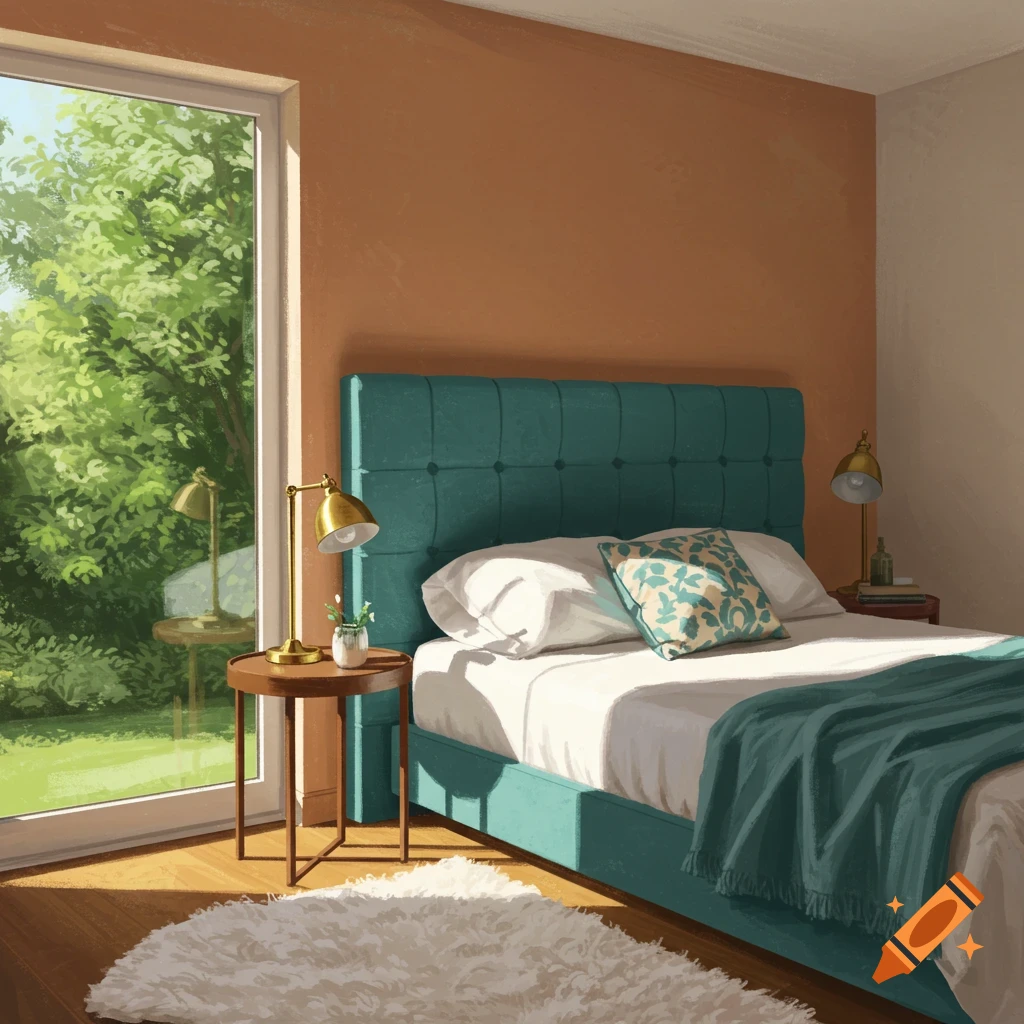 Stylized illustration of a sunlit bedroom with a large window overlooking a lush garden.