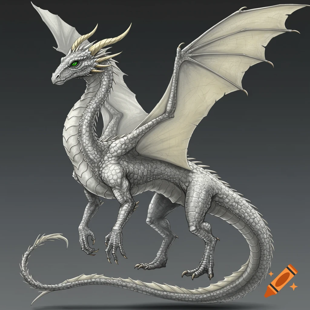 A silver wyvern dragon with white wings and green eyes stands on a grey background.