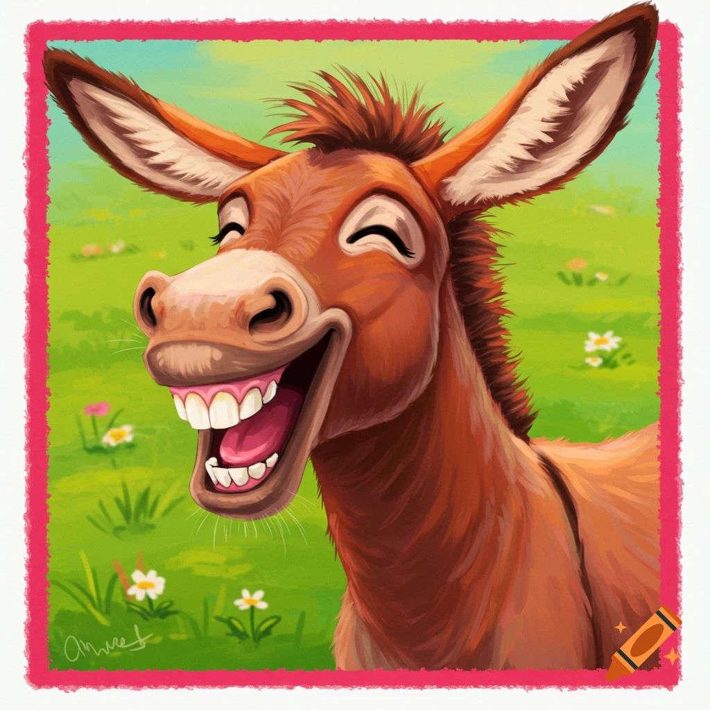 A cartoon donkey laughs with wide-open mouth and big teeth in a grassy field.