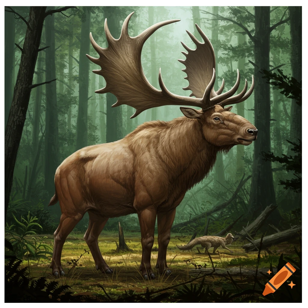 Illustration of Cervalces latifrons, an extinct giant deer with massive antlers, in a forest.