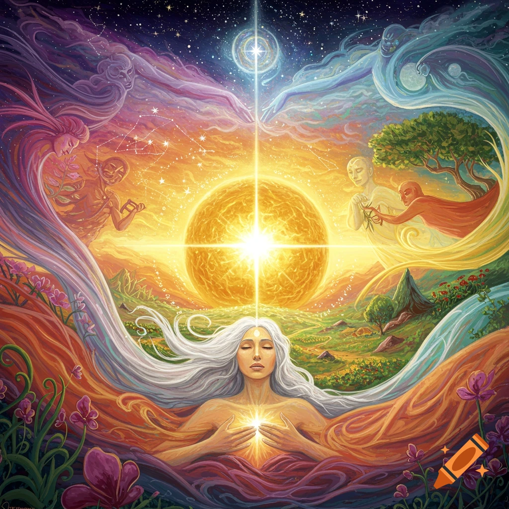 Artistic depiction of a figure meditating under a large sun, surrounded by cosmic and natural elements.