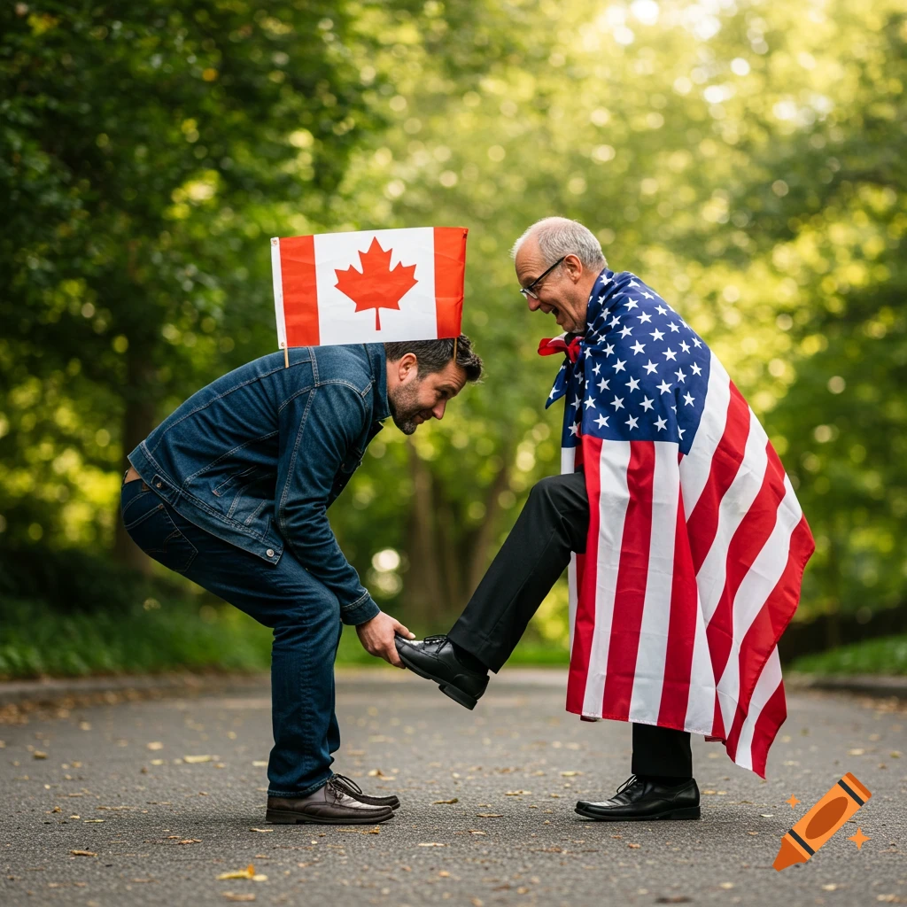 A man with a Canadian flag touches the shoe of a man in a US flag cape.