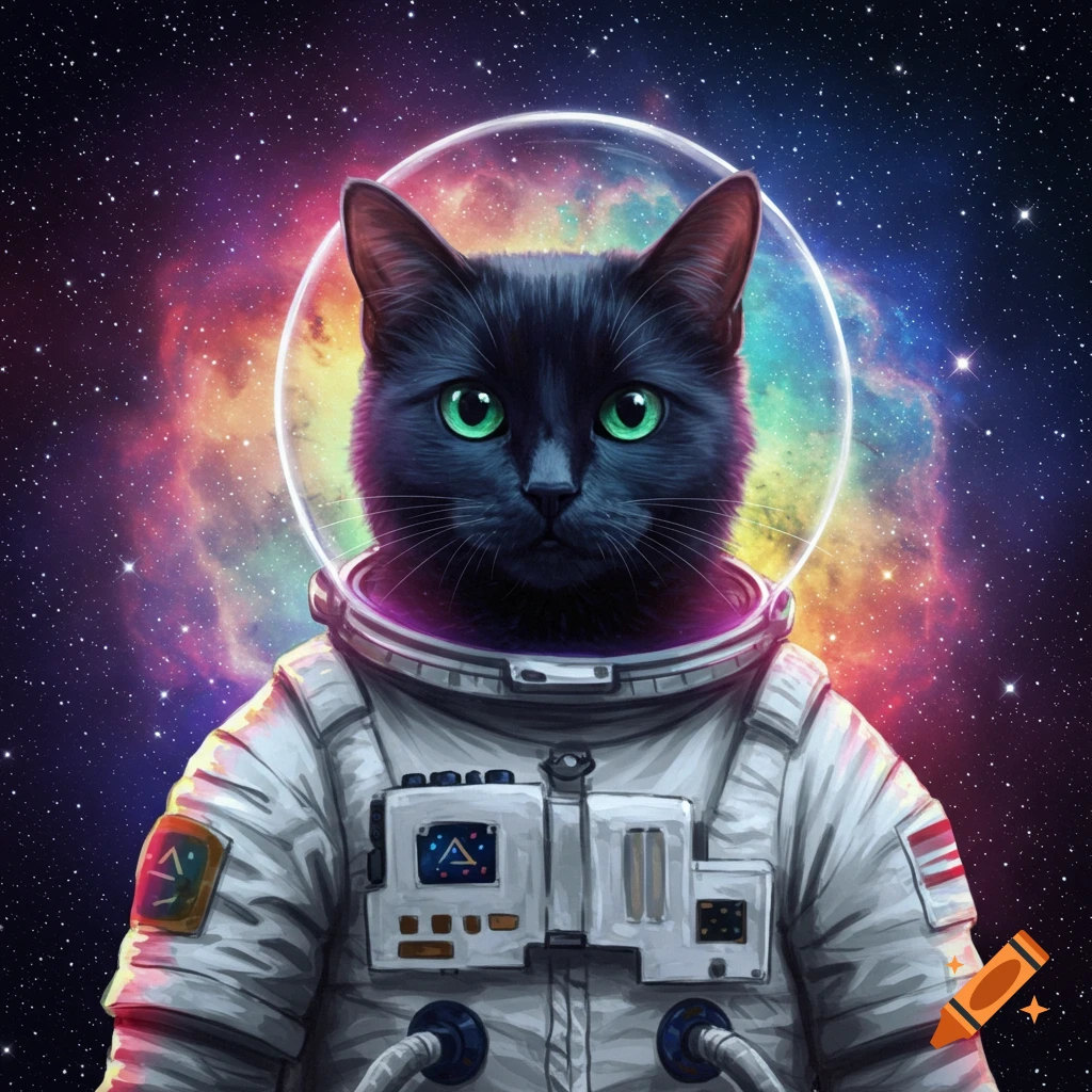 Black cat in an astronaut suit floats in space with a nebula background.