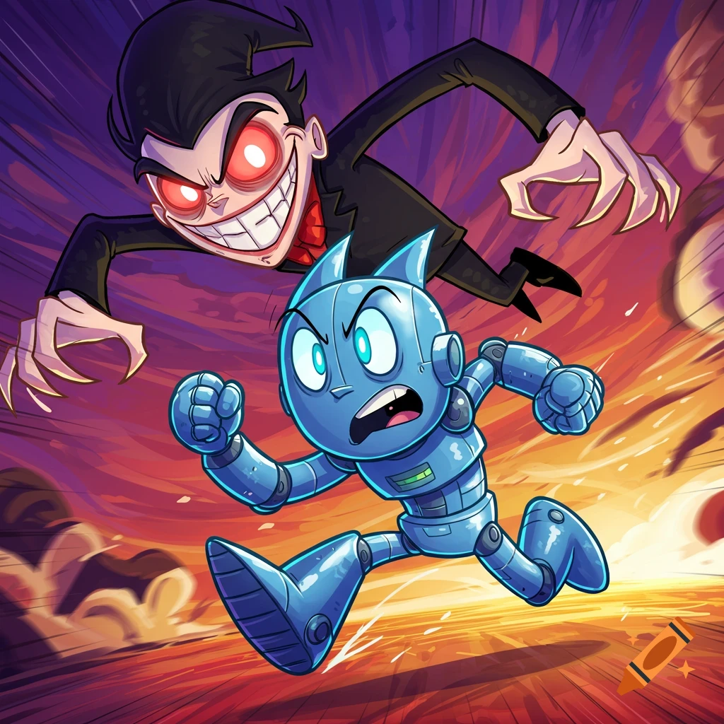 A blue cartoon robot runs from a creepy, grinning figure with red eyes, in a dynamic, stylized illustration.
