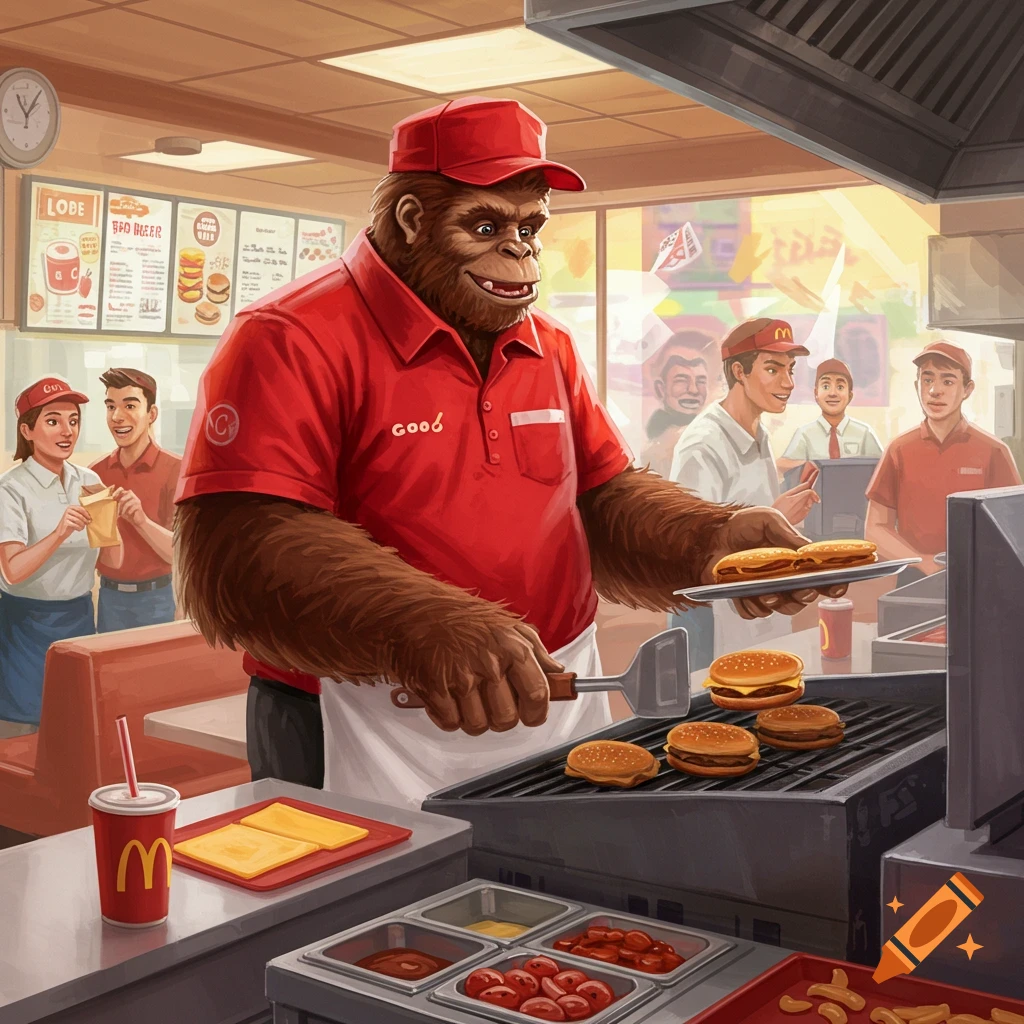 Illustrative image of Bigfoot wearing a red fast food uniform, cooking burgers on a grill in a busy kitchen.