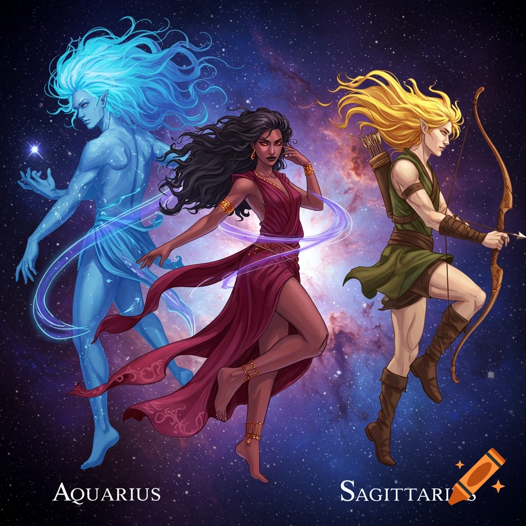 Three fantasy figures representing Aquarius, Scorpio, and Sagittarius against a galaxy background.