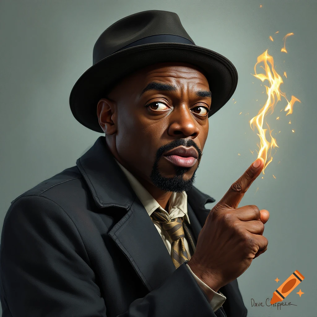 A man resembling Dave Chappelle as Tyrone Biggums with fire on his finger.