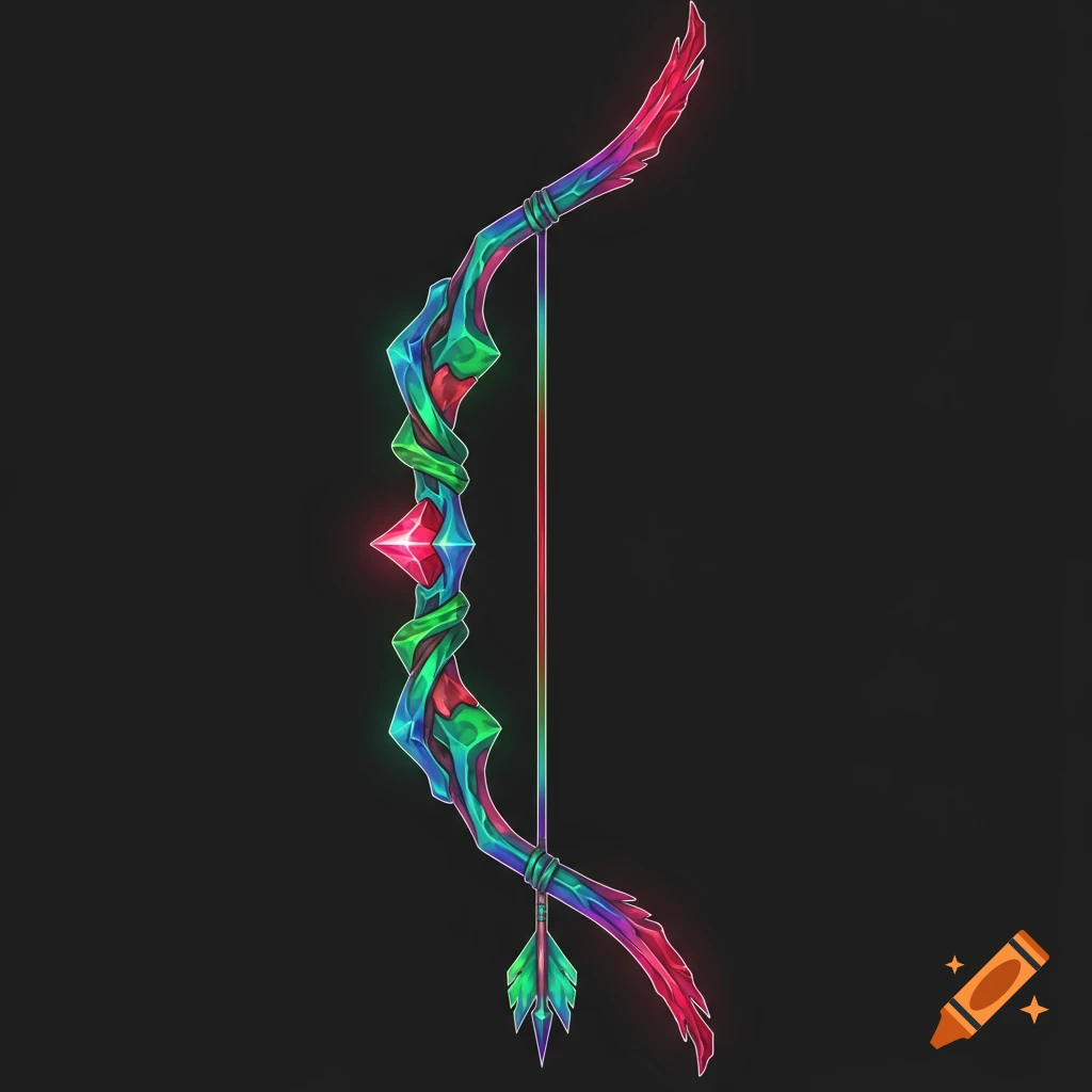 A glowing, colorful fantasy bow and arrow.
