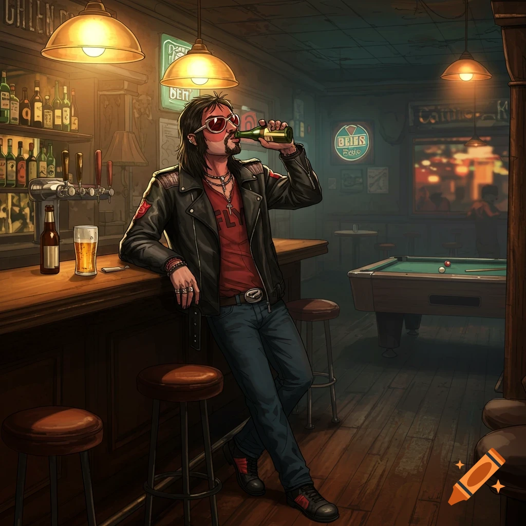 An illustration of a man in a leather jacket and sunglasses drinking a beer at a bar in a dimly lit dive bar with a pool table.
