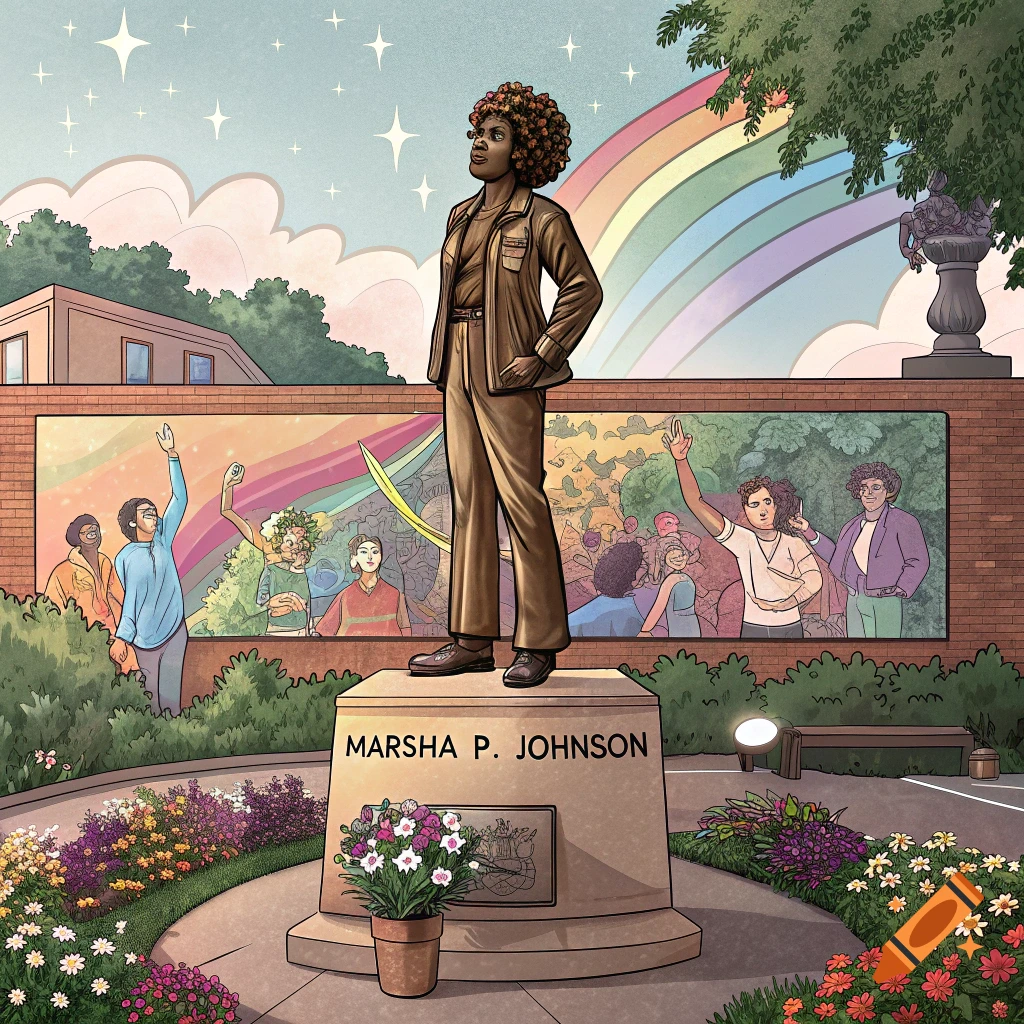 An illustration of a statue of Marsha P. Johnson in a park with a mural and rainbow.