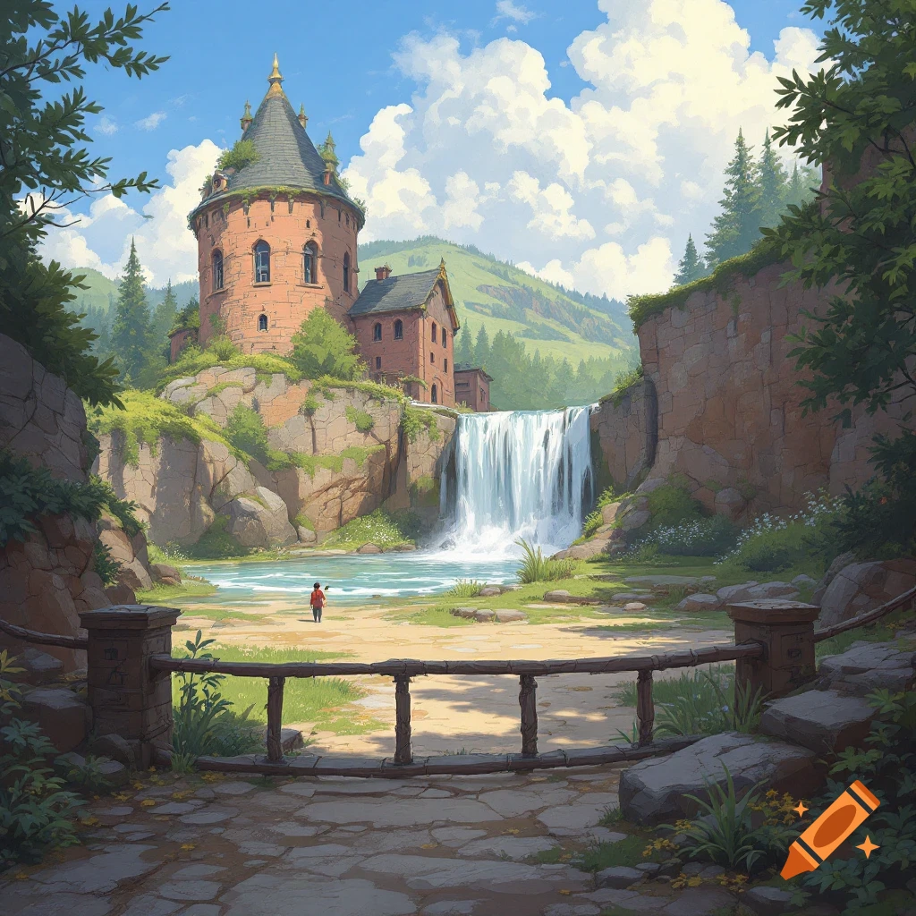 A fantasy landscape with a castle tower, waterfall, and a small person standing by the water.
