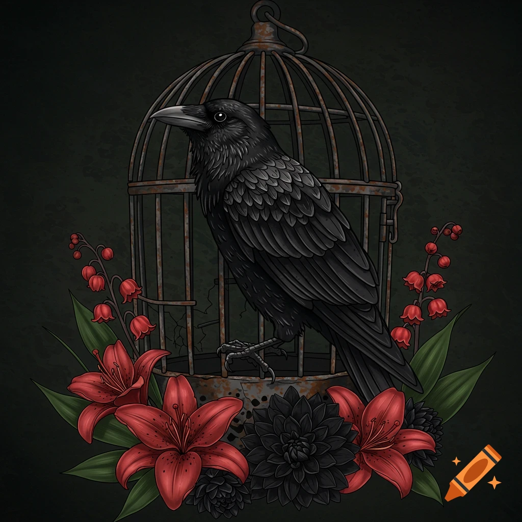 Black raven in a rusty cage with red lilies and black dahlias, dark art style.