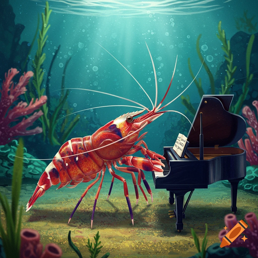 A large red shrimp plays a grand piano on the ocean floor.