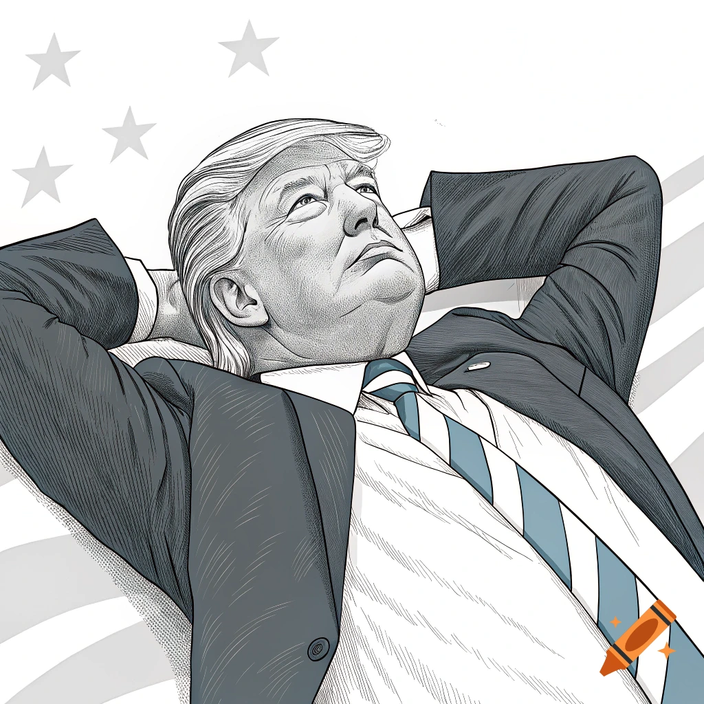Stylized drawing of Donald Trump lying on his back with hands behind his head, stars and stripes background.