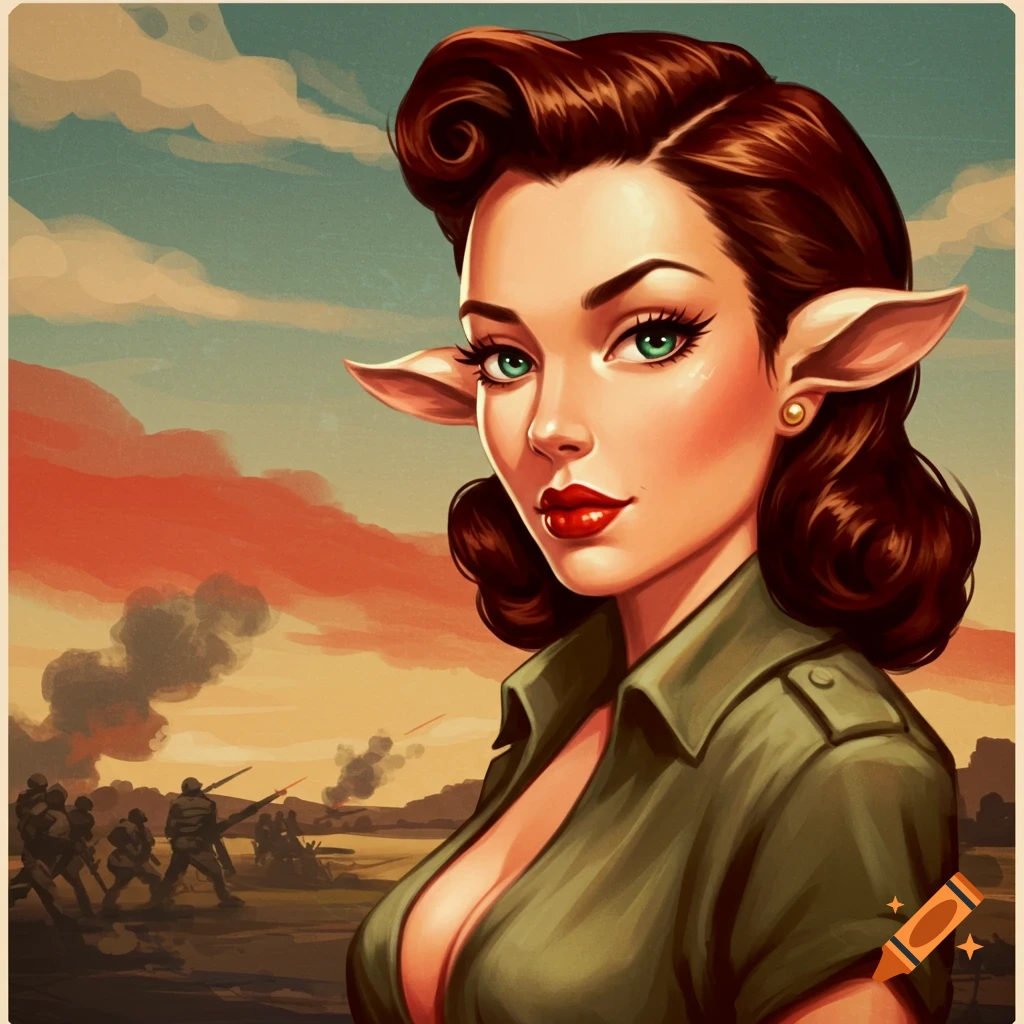 Vintage art of an elf woman in a military uniform with a battle scene background.