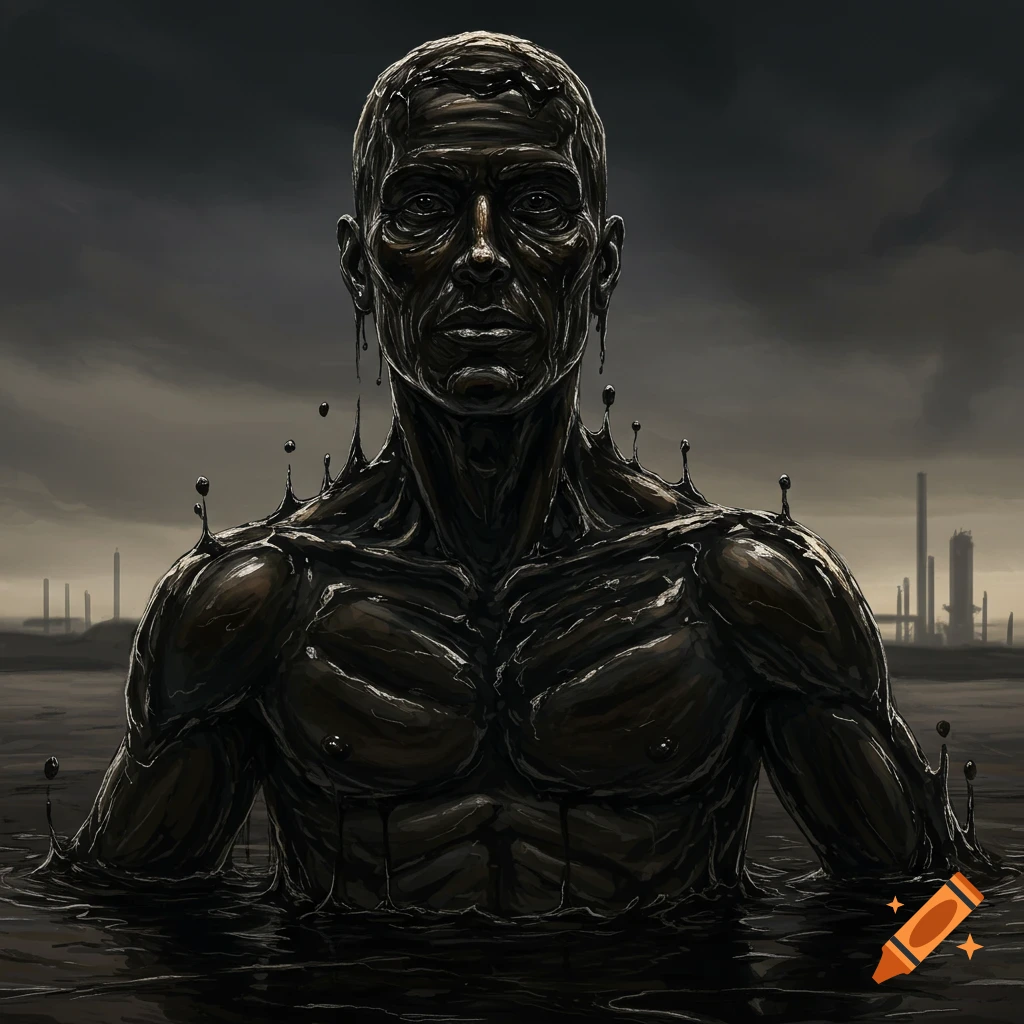Gaunt man covered in dark petroleum emerging from water, with industrial buildings in background under dark sky.