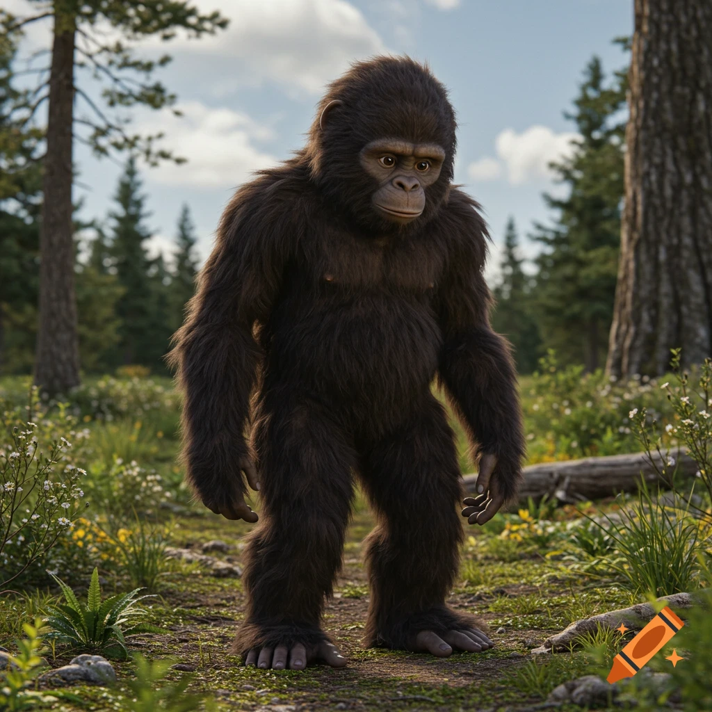 A realistic depiction of a Sasquatch standing on a forest path.