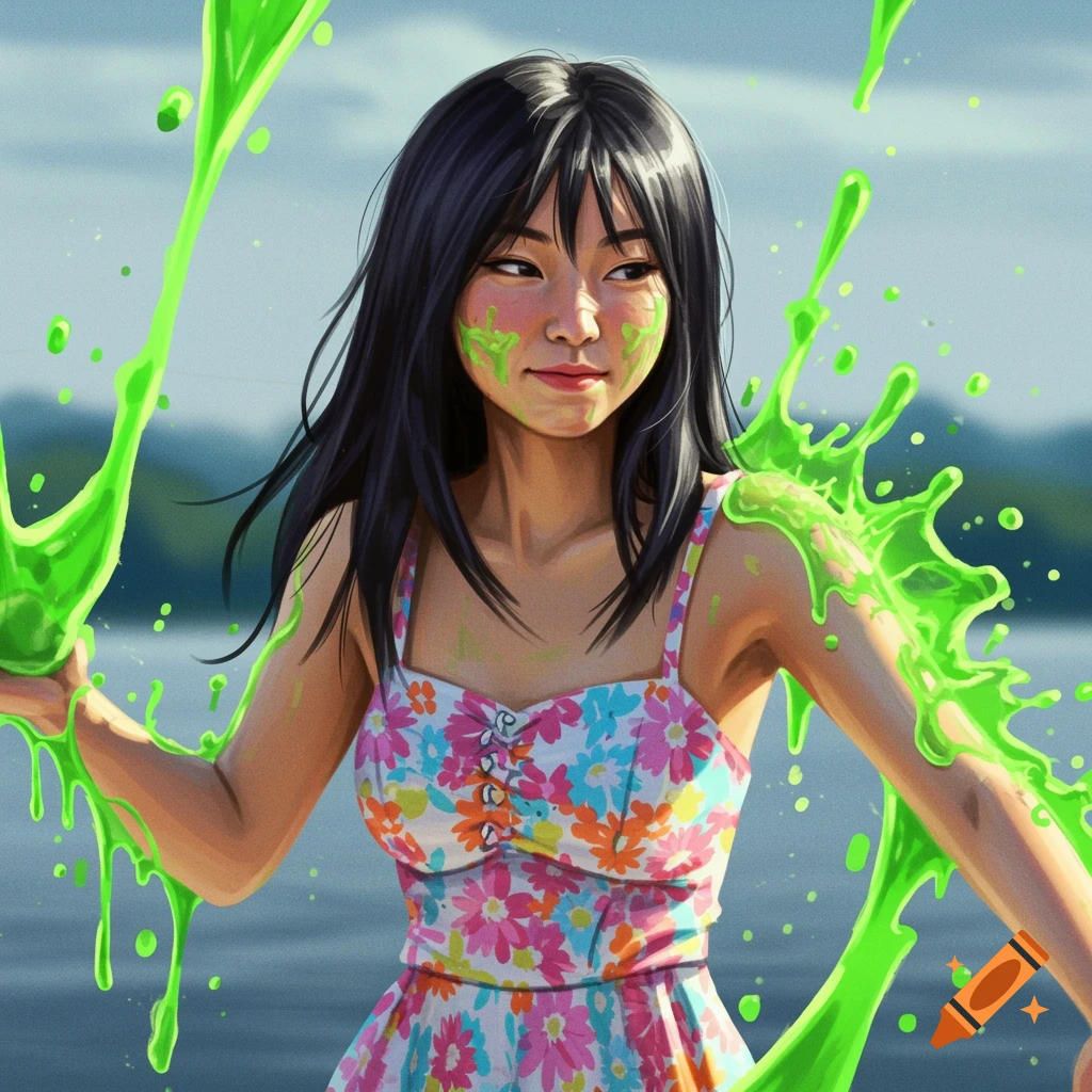A young woman smiles while getting covered in bright green slime.