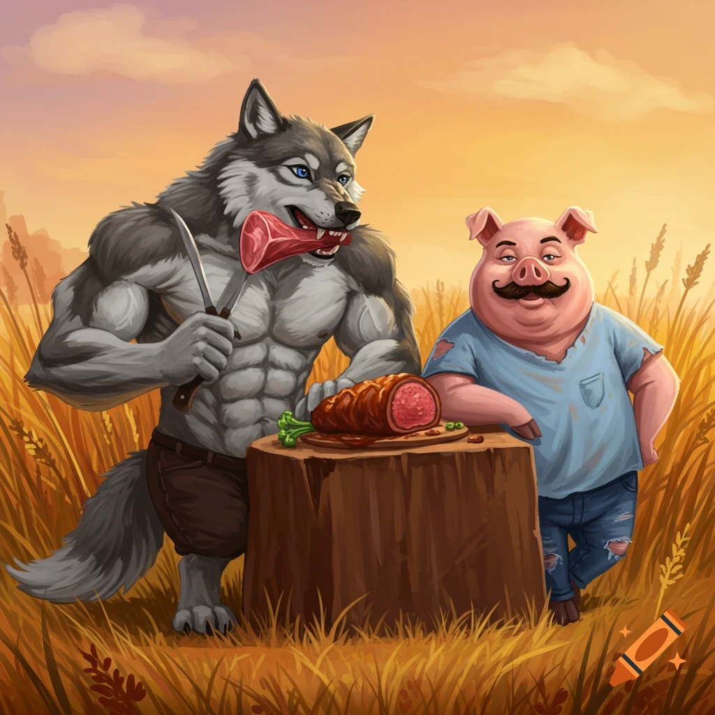 A muscular wolf with a knife holds meat near a smiling pig in a field illustration.