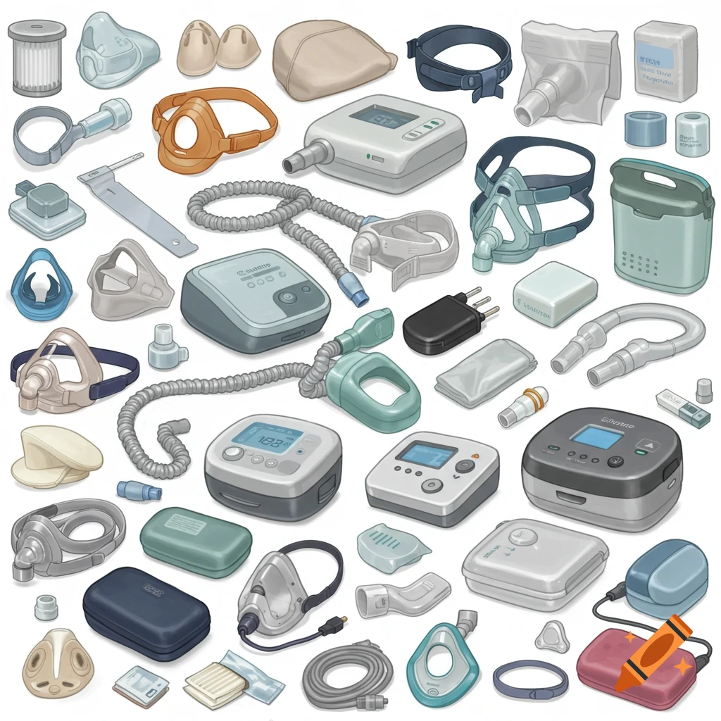 An overhead illustration of various CPAP machines, masks, hoses, and accessories arranged on a white background.