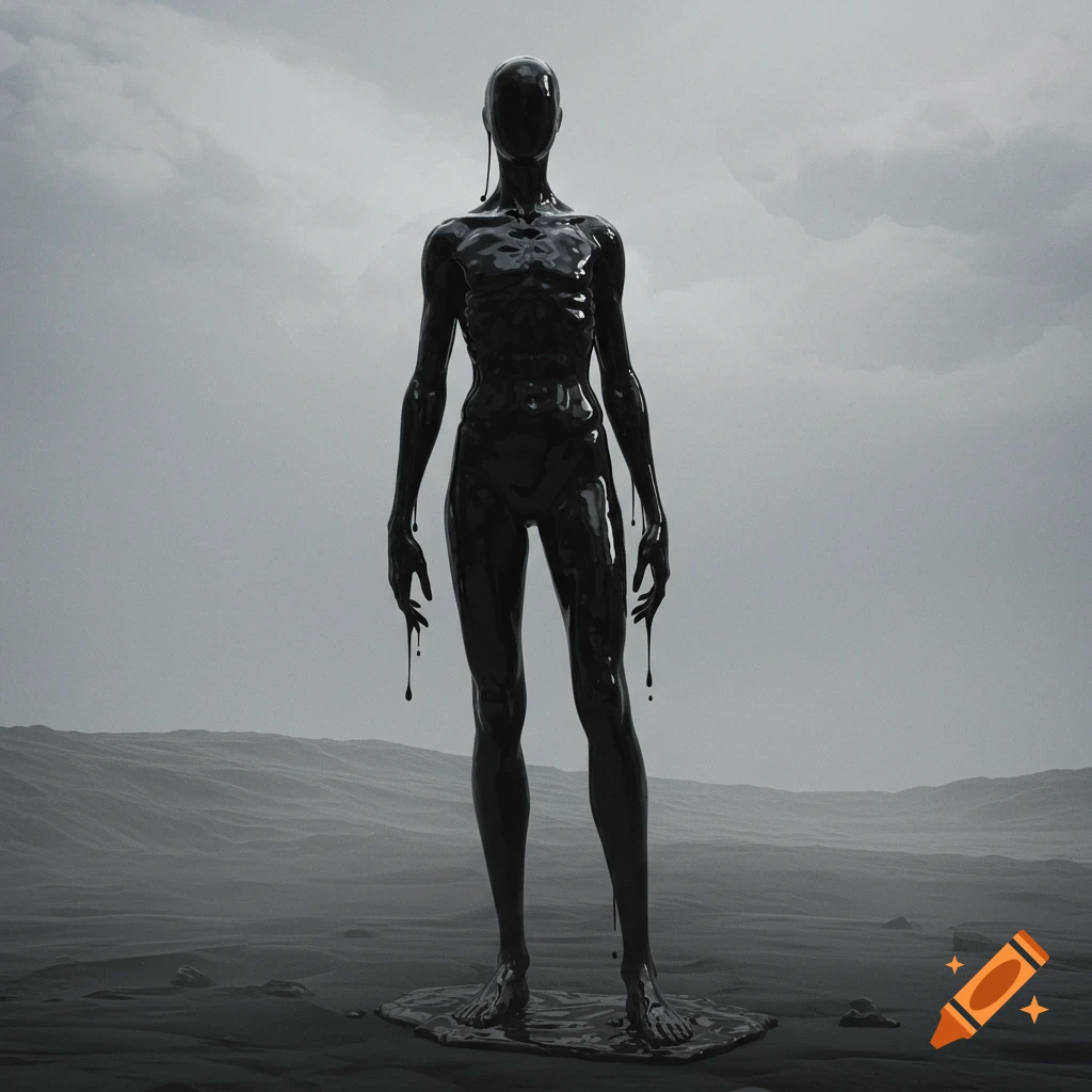A black, oily humanoid figure stands in a desolate, misty landscape under a cloudy sky.
