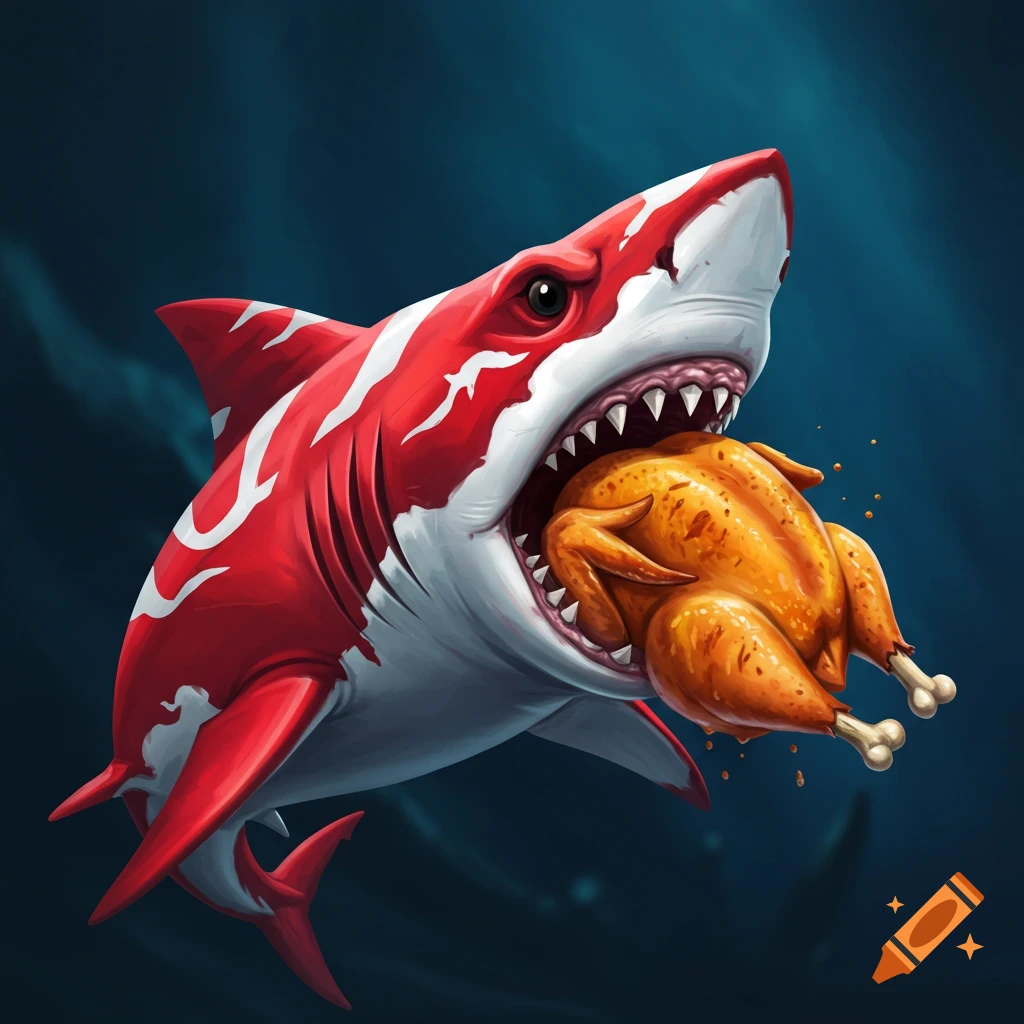Stylized red and white shark eating a whole roasted chicken underwater