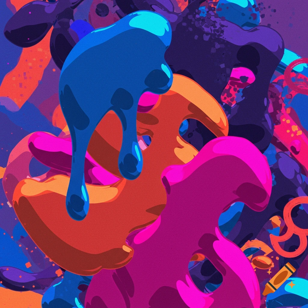 Abstract, colorful shapes with a glossy, drippy appearance in shades of blue, orange, and pink.