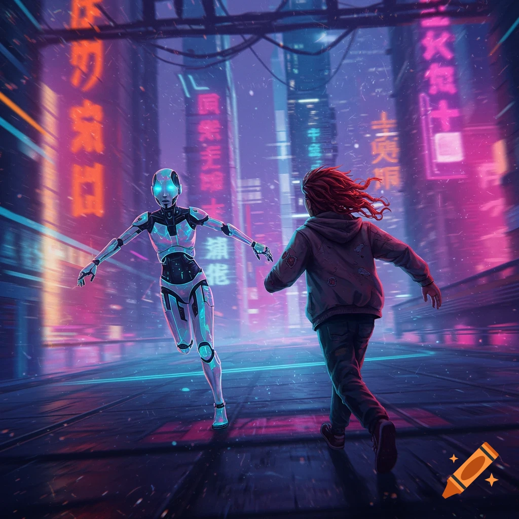 Human chases robot through neon-lit cyberpunk city street