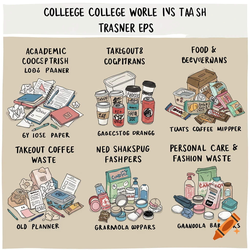 Digital illustration of a college woman's trash sorted into labeled piles