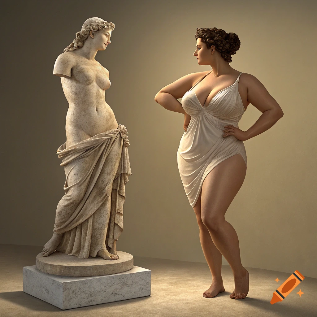 A classic marble sculpture of a nude female torso stands next to a woman in a dress posing similarly.