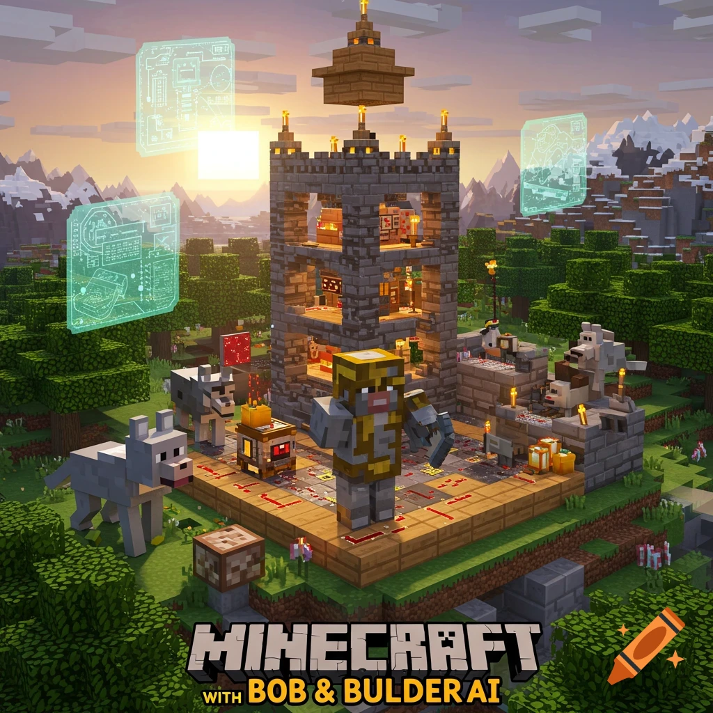 A Minecraft scene showing a player and robot with wolves constructing a tall tower, floating blueprints, mountains, and a sunrise.