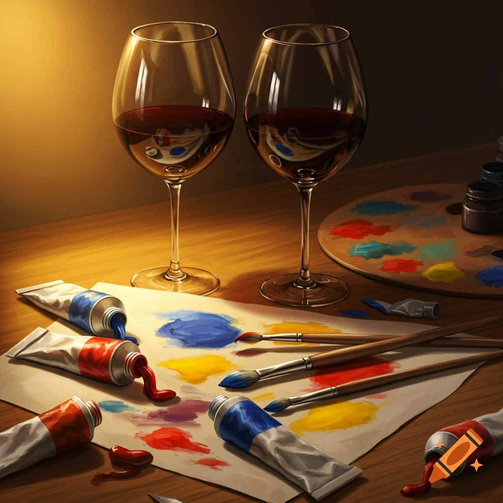Still life of paint tubes, brushes, a palette, and two wine glasses on a wooden table.