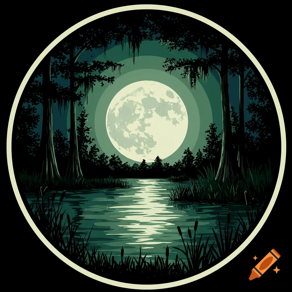 A circular illustration of a moonlit swamp with cypress trees reflected in the water.