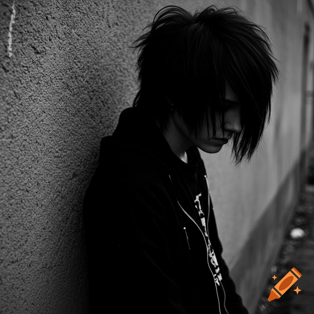 Black and white photo of an emo person leaning against a wall, looking down.