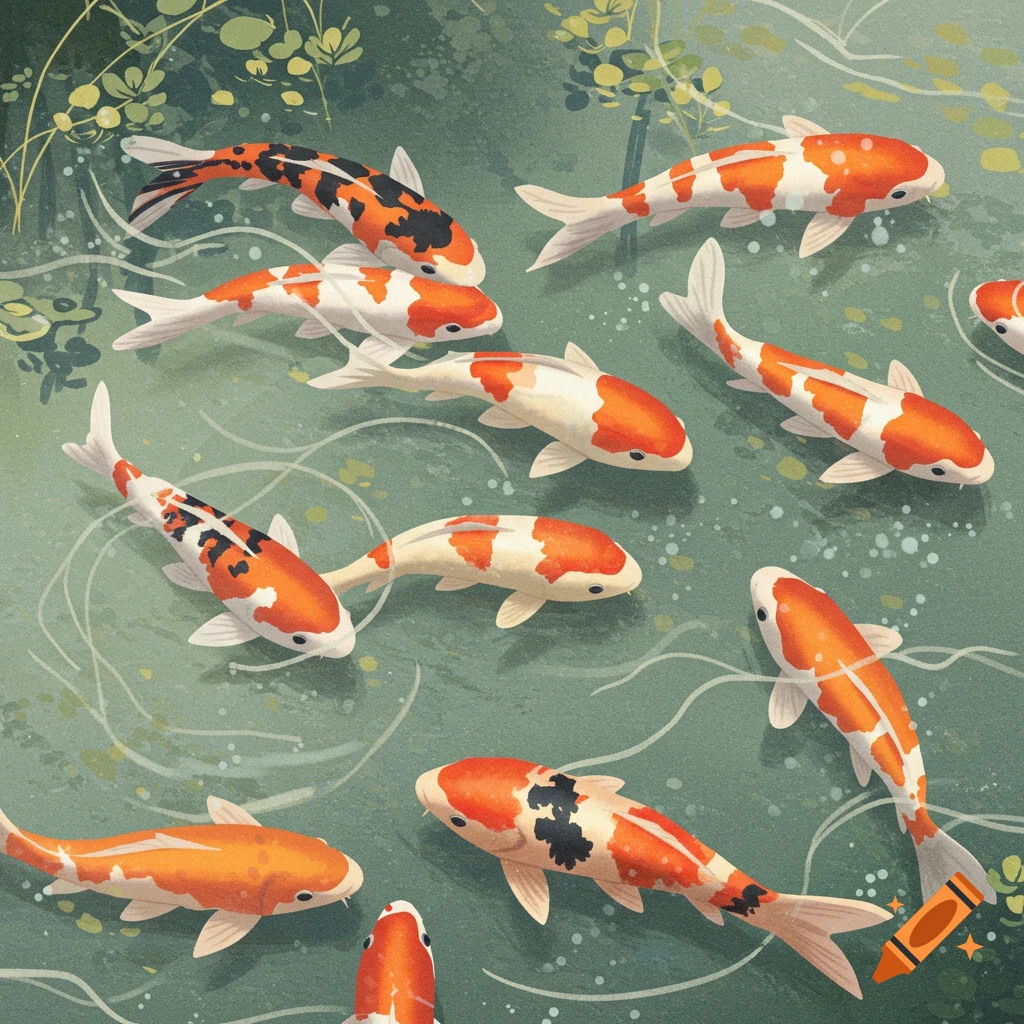 Stylized illustration of several koi fish swimming in green water.