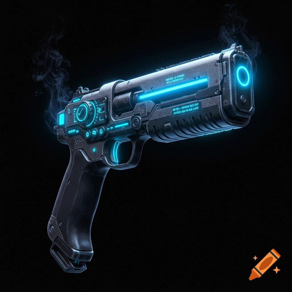 A futuristic laser pistol with blue lights, buttons, and dials on a black background.