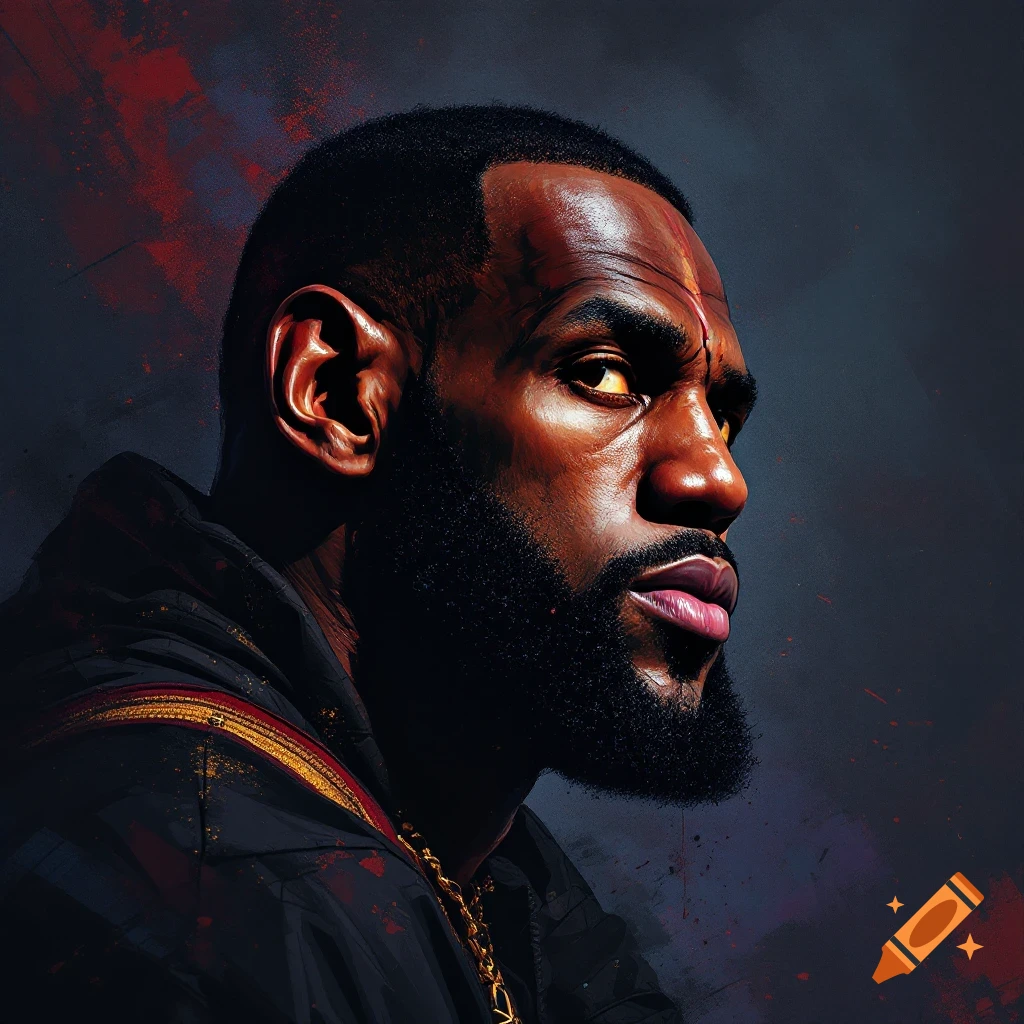 Stylized portrait of LeBron James looking to the side, wearing a dark jacket and gold chain, with a grunge background.
