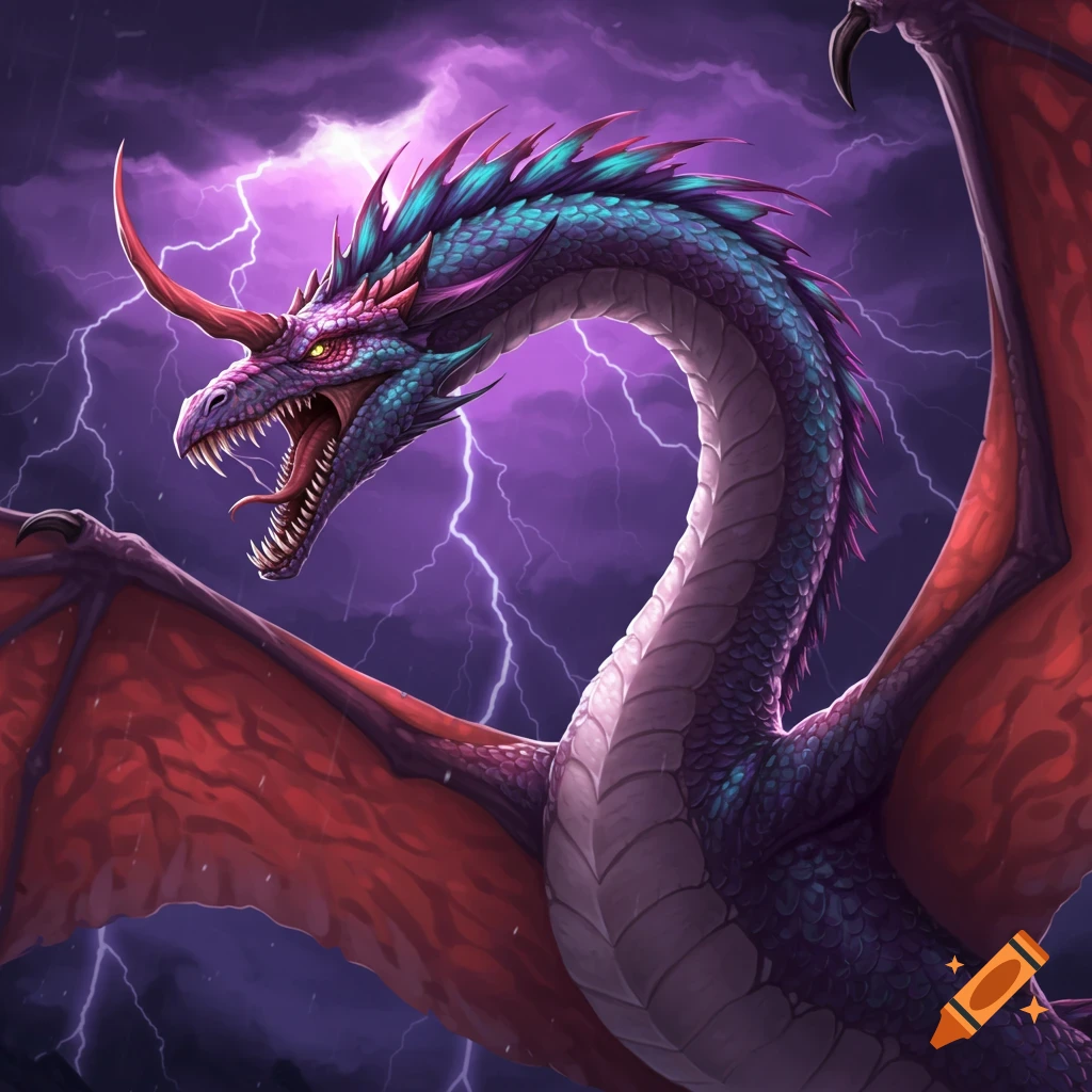 A blue and red dragon with a horn flies against a purple stormy sky with lightning.