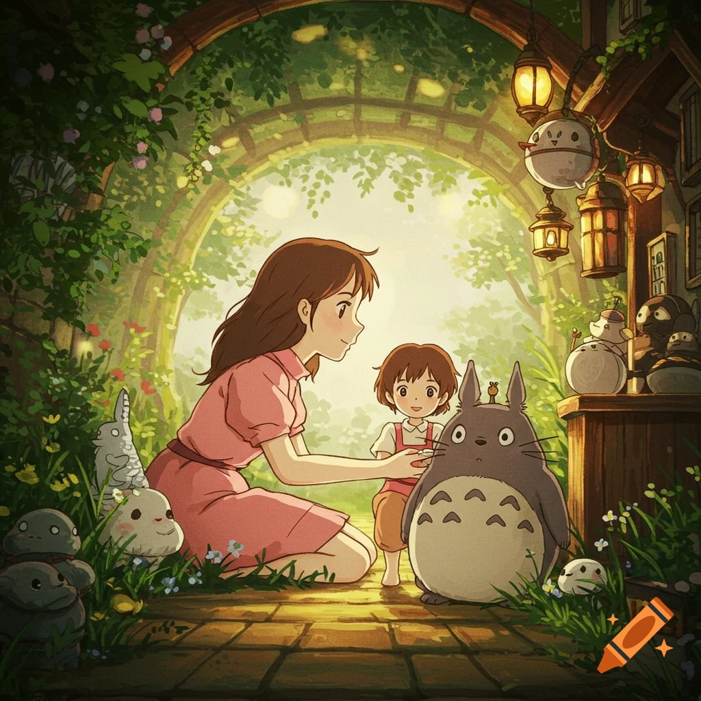 Woman, child, and Totoro on a forest path in Ghibli style.