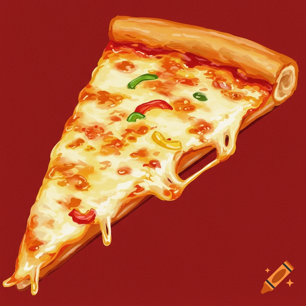 Illustration of a slice of cheese pizza with melting cheese