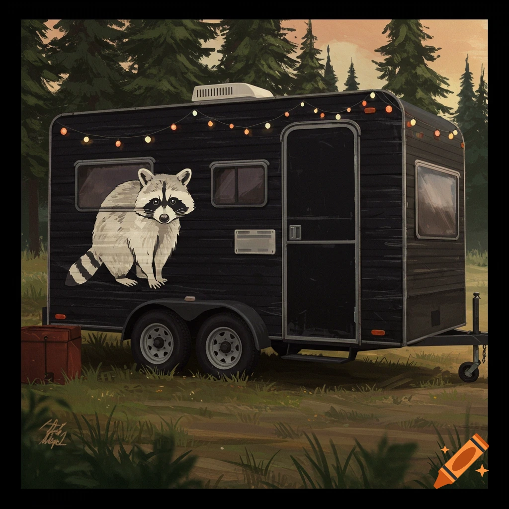 Illustration of a white raccoon sticker on a black trailer in a forest clearing with string lights.