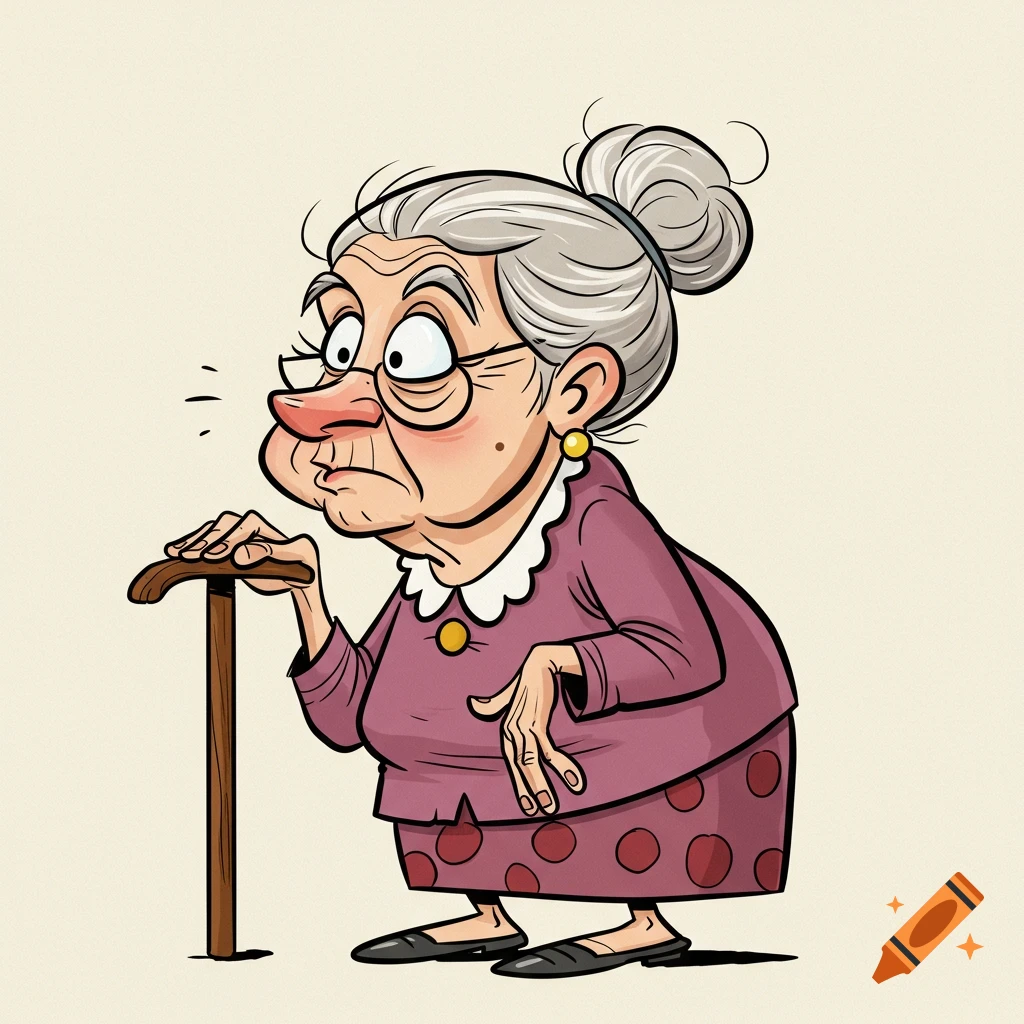 Cartoon illustration of an old woman with a cane.