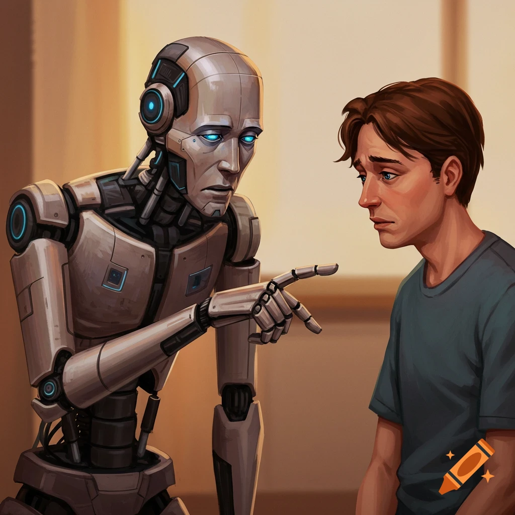 Illustration of a robot pointing at a sad human