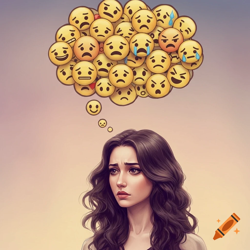 A sad woman looks down as a thought bubble above her head fills with various negative emojis.