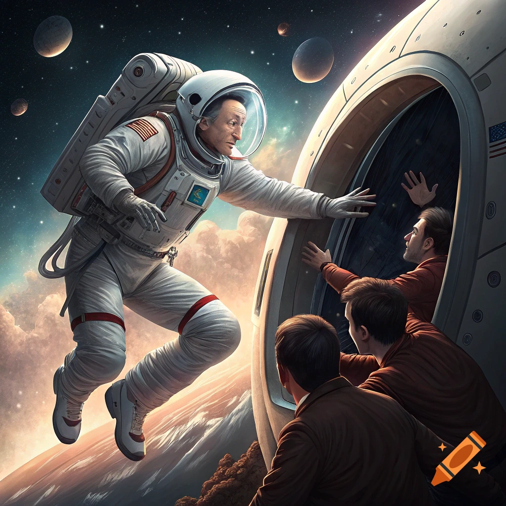Astronaut reaching into spaceship hatch to rescue two people inside, with planets and stars in the background.