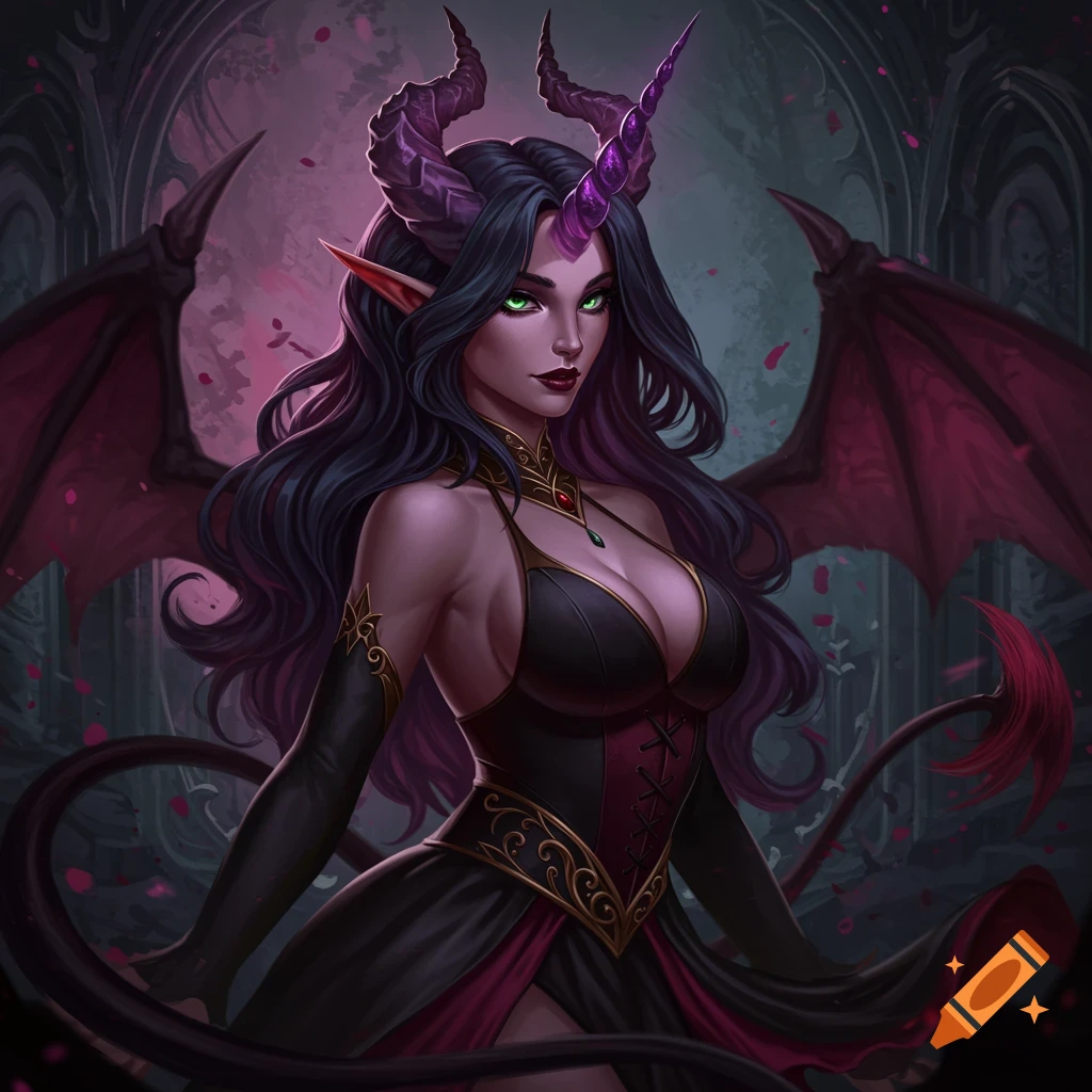 A fantasy illustration of a female succubus unicorn with purple horns and green eyes, wearing a black and red dress, standing in a dark castle.
